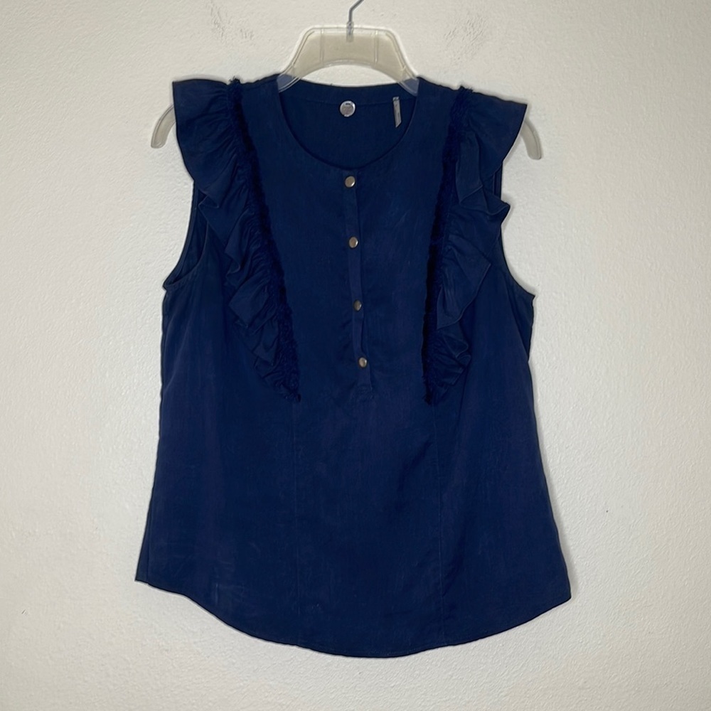 Margaret O'Leary Navy Sleeveless Ruffle Top Blouse Size Small